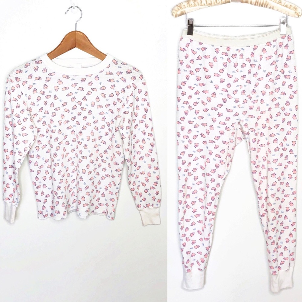 Vintage White and Pink Pig Waffle Knit Pajama Set
